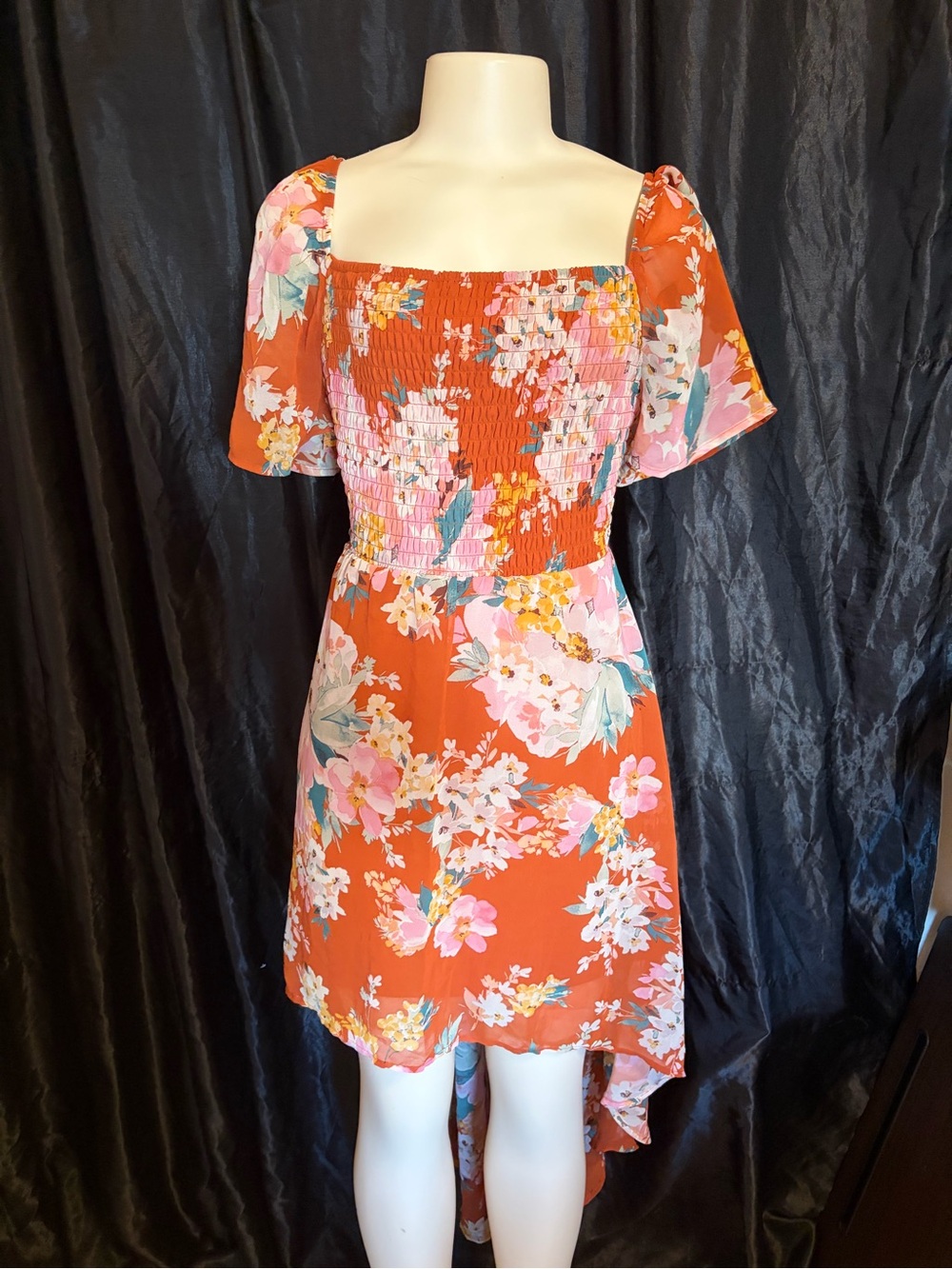 Lily Rose Rust Floral High-Low Dress with Pink Accents